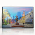 Large abstract wall art depicting Santiago, Chile in mid-century modernist style with muted earth tones on framed acrylic.