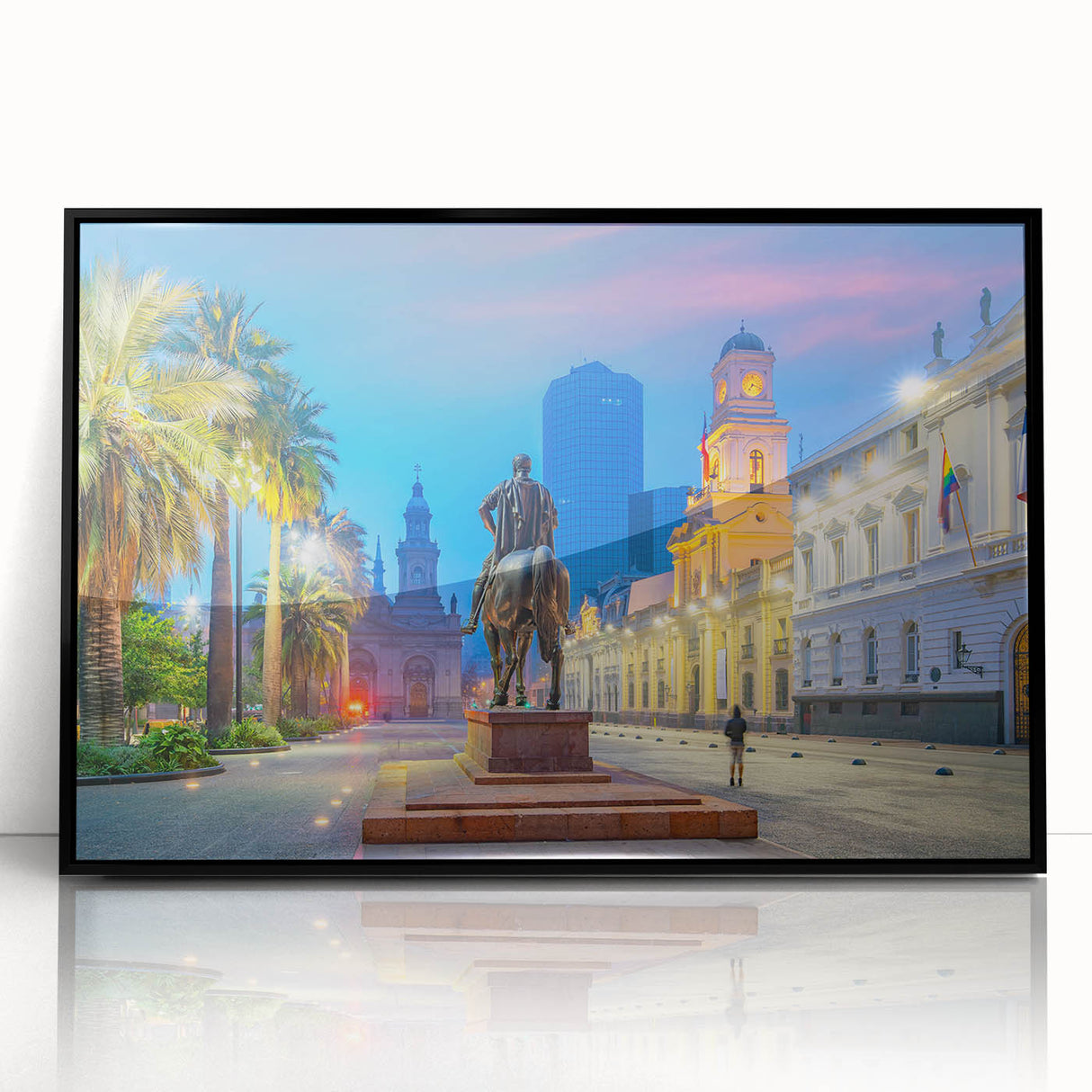 Large abstract wall art depicting Santiago, Chile in mid-century modernist style with muted earth tones on framed acrylic.