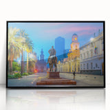 Large abstract wall art depicting Santiago, Chile in mid-century modernist style with muted earth tones on framed acrylic.