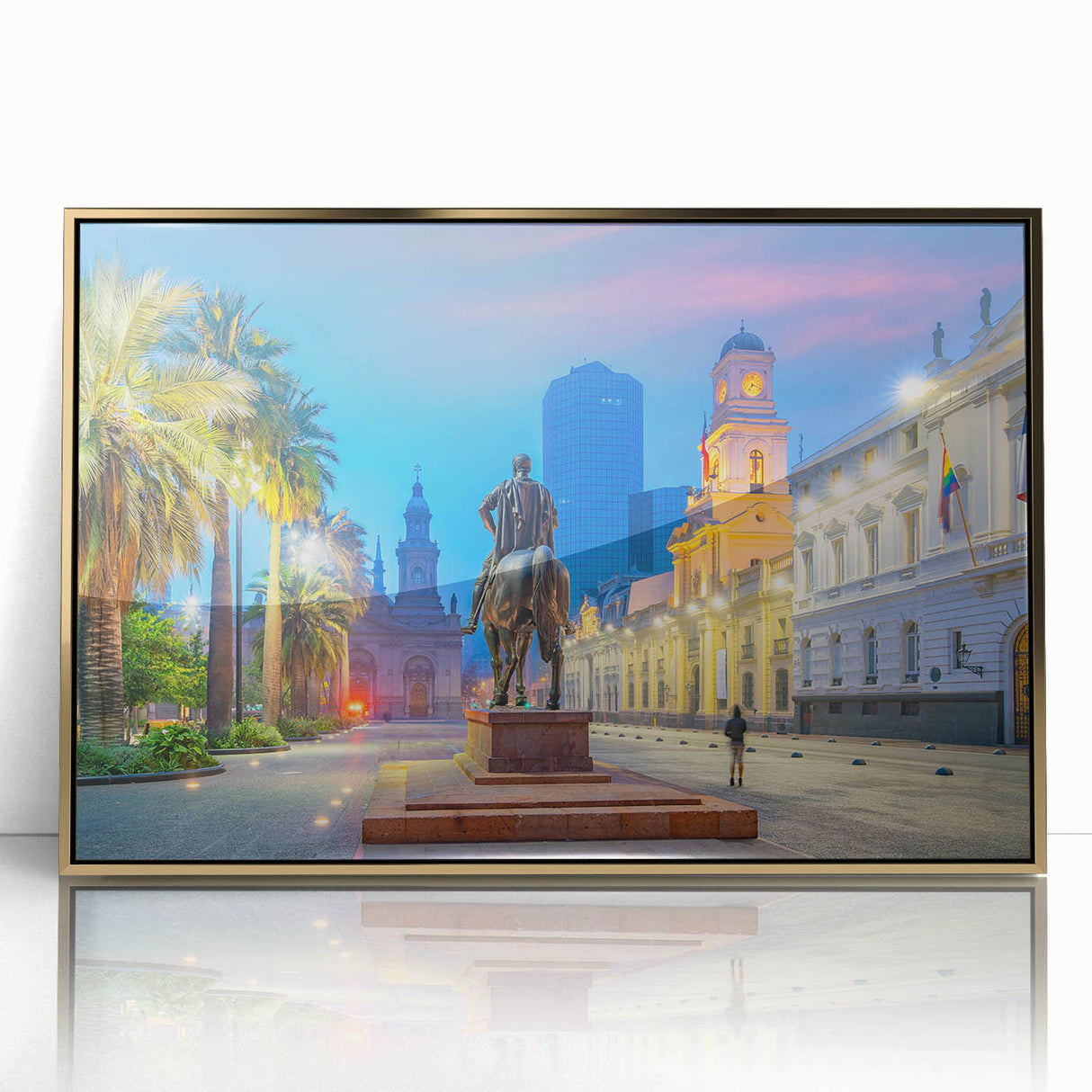 Framed acrylic print of Santiago, Chile skyline in muted gold and blue tones, suitable for modern art wall decor.