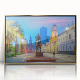 Framed acrylic print of Santiago, Chile skyline in muted gold and blue tones, suitable for modern art wall decor.