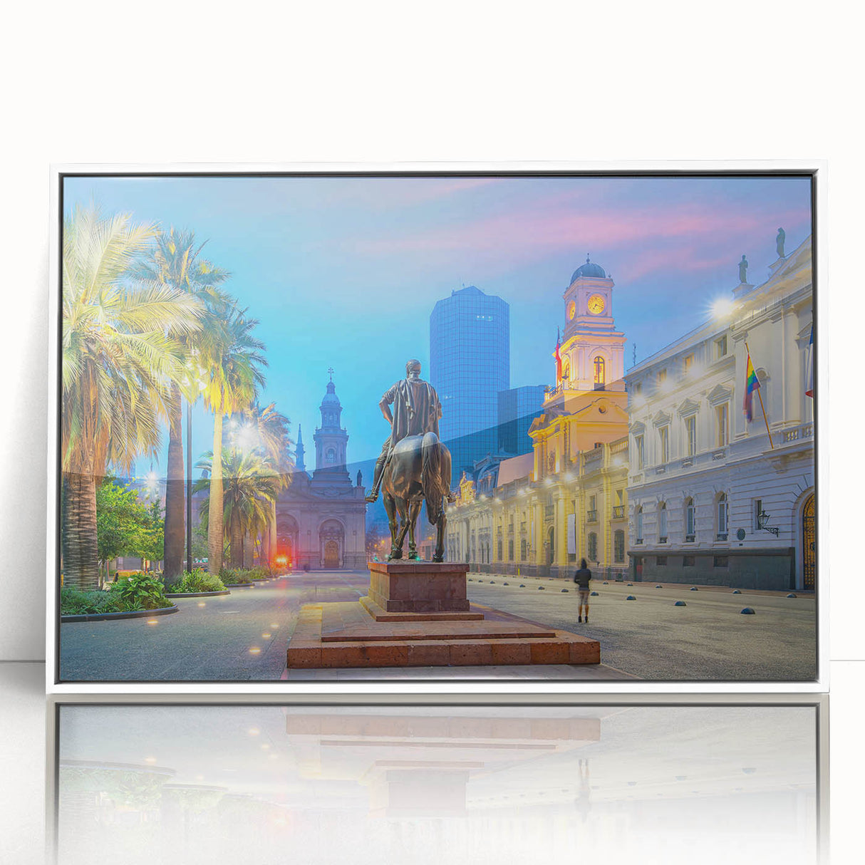 Acrylic print of Santiago, Chile skyline in art deco style with muted earth tones, ideal for modern art wall decor.
