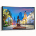 Black and white framed canvas of Santiago, Chile landscape in vintage poster style, suitable for bedroom decor.