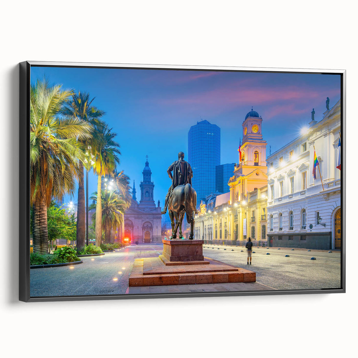 Black and white framed canvas of Santiago, Chile landscape in vintage poster style, suitable for bedroom decor.