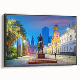Black and white framed canvas of Santiago, Chile landscape in vintage poster style, suitable for bedroom decor.