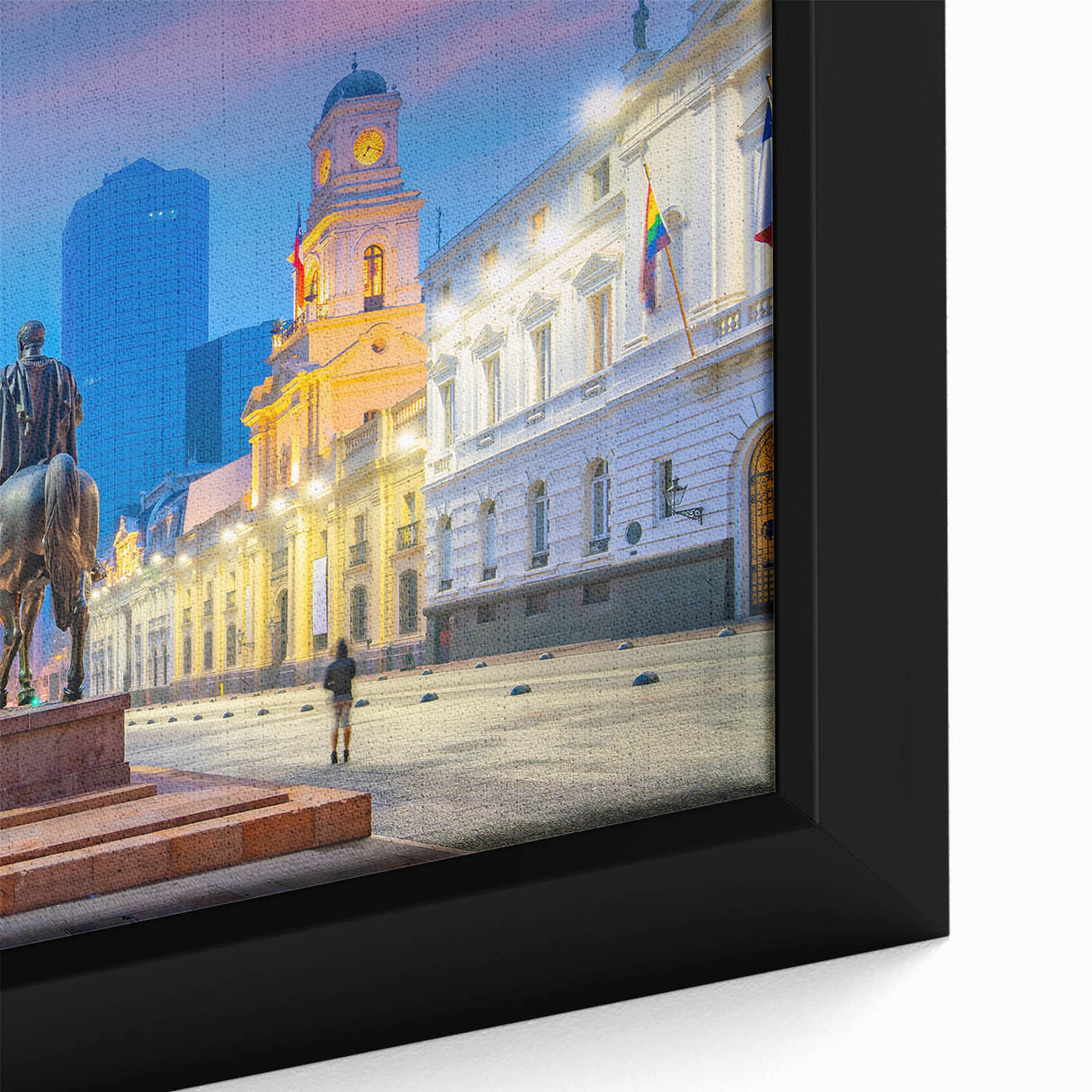 Extra large black wall art featuring a textured, colorful depiction of Santiago, Chile on a framed canvas.