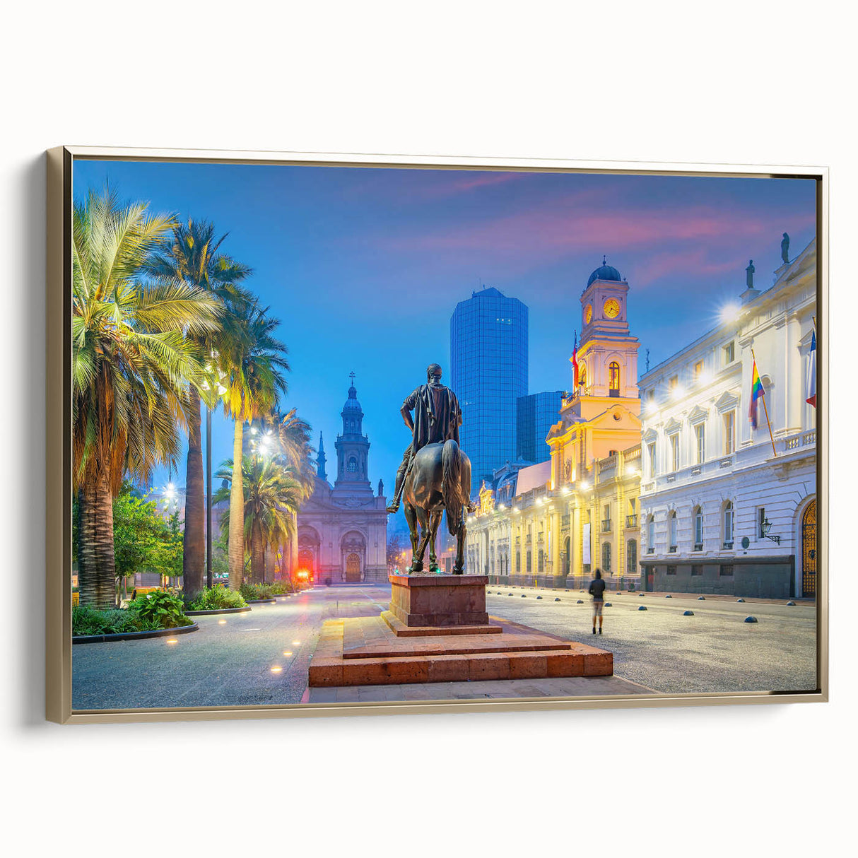Framed canvas of Santiago, Chile landscape in black and gold tones, ideal for bedroom wall art.
