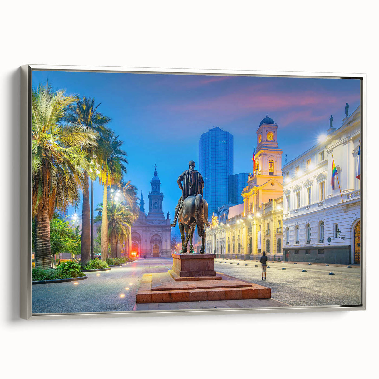 Framed canvas of a colorful Santiago landscape with vintage poster style, ideal for living room decor.