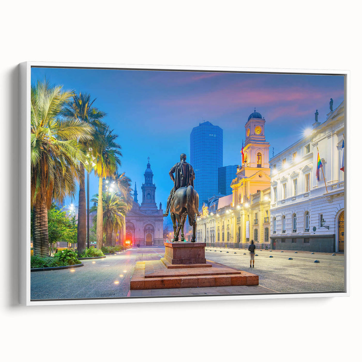 Vintage poster art of Santiago, Chile skyline with colorful hues on extra large framed canvas, ideal for living room decor.