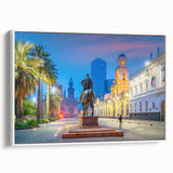 Vintage poster art of Santiago, Chile skyline with colorful hues on extra large framed canvas, ideal for living room decor.