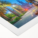 Art deco poster of Santiago, Chile skyline in muted earth tones on rolled canvas, suitable for dining room decor.