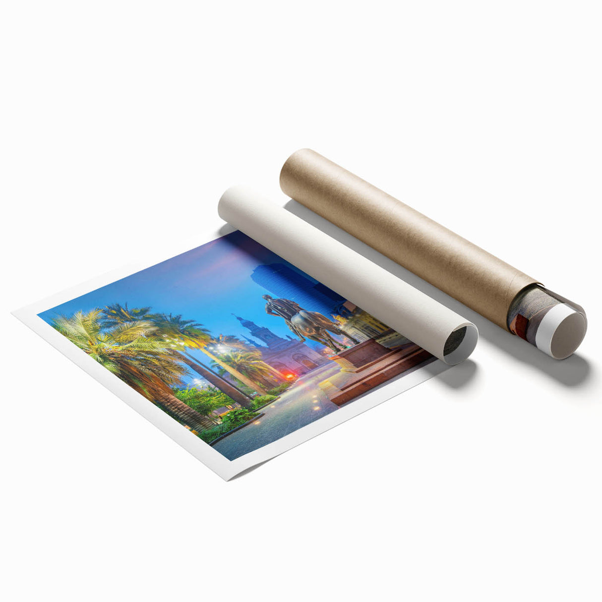 Extra large rolled print featuring a detailed floral art scene of Santiago, Chile, in soft pastel shades.