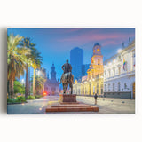 Black and white photograph of Santiago, Chile skyline on large stretched canvas, ideal for kitchen wall art.