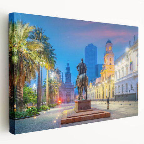 Large art print of Santiago, Chile skyline in muted earth tones on stretched canvas, suitable for kitchen wall art.
