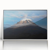 Art deco poster of a Colombian landscape in muted earth tones, acrylic print in white frame, ideal for modern art wall decor.