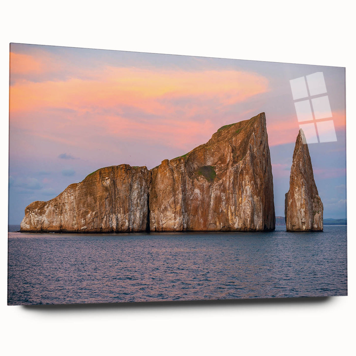 Large abstract wall art of a Galapagos scenery in muted earth tones on acrylic glass, ideal for bedroom or dining room decor.