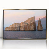 Framed acrylic print of a Galapagos scenery in mid-century modernist style, featuring earthy tones.