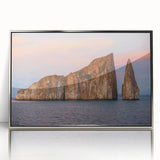 Mid-century modernist art depicting Galapagos scenery in silver-framed acrylic, ideal for nursery wall decor.