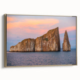 Framed canvas wall art of a vintage-style landscape painting featuring the Galapagos Islands in muted earth tones.