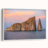 Vintage poster art of Galapagos scenery on a framed canvas, featuring vibrant colors.