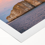 Art deco poster featuring a serene Galapagos landscape in muted green and blue tones on rolled canvas.