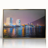 Large acrylic print of a mid-century modernist South American scenery in gold frame, suitable for modern art wall decor.