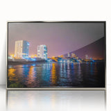 Mid-century modernist art depicting the Ecuadorian landscape in muted earth tones, framed in silver acrylic.