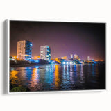 Vintage poster art featuring a colorful South American scenery on a white-framed canvas, ideal for living room decor.