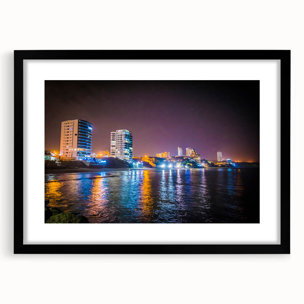 Extra large abstract art print of colorful South American scenery on textured canvas, framed in black.