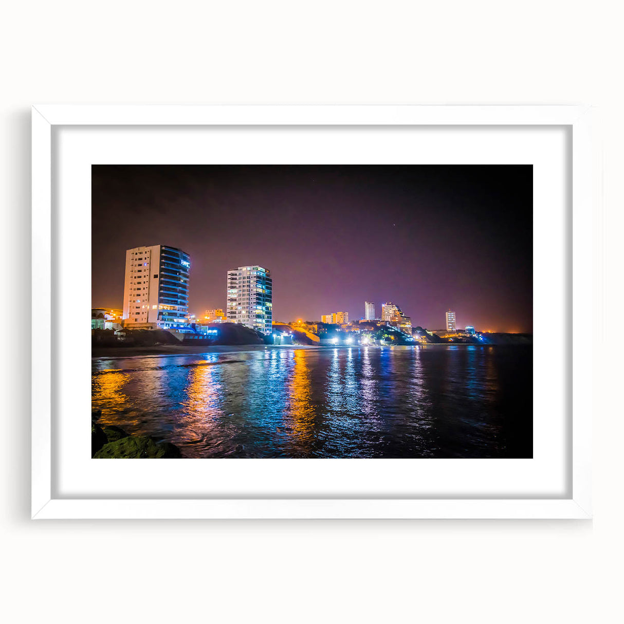 Abstract art print depicting a vibrant, colorful Ecuadorian landscape on a white-framed canvas, ideal for dining room decor.