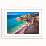 Abstract art print of a Peruvian landscape in soft earth tones on a framed white mat, ideal for dining room art.