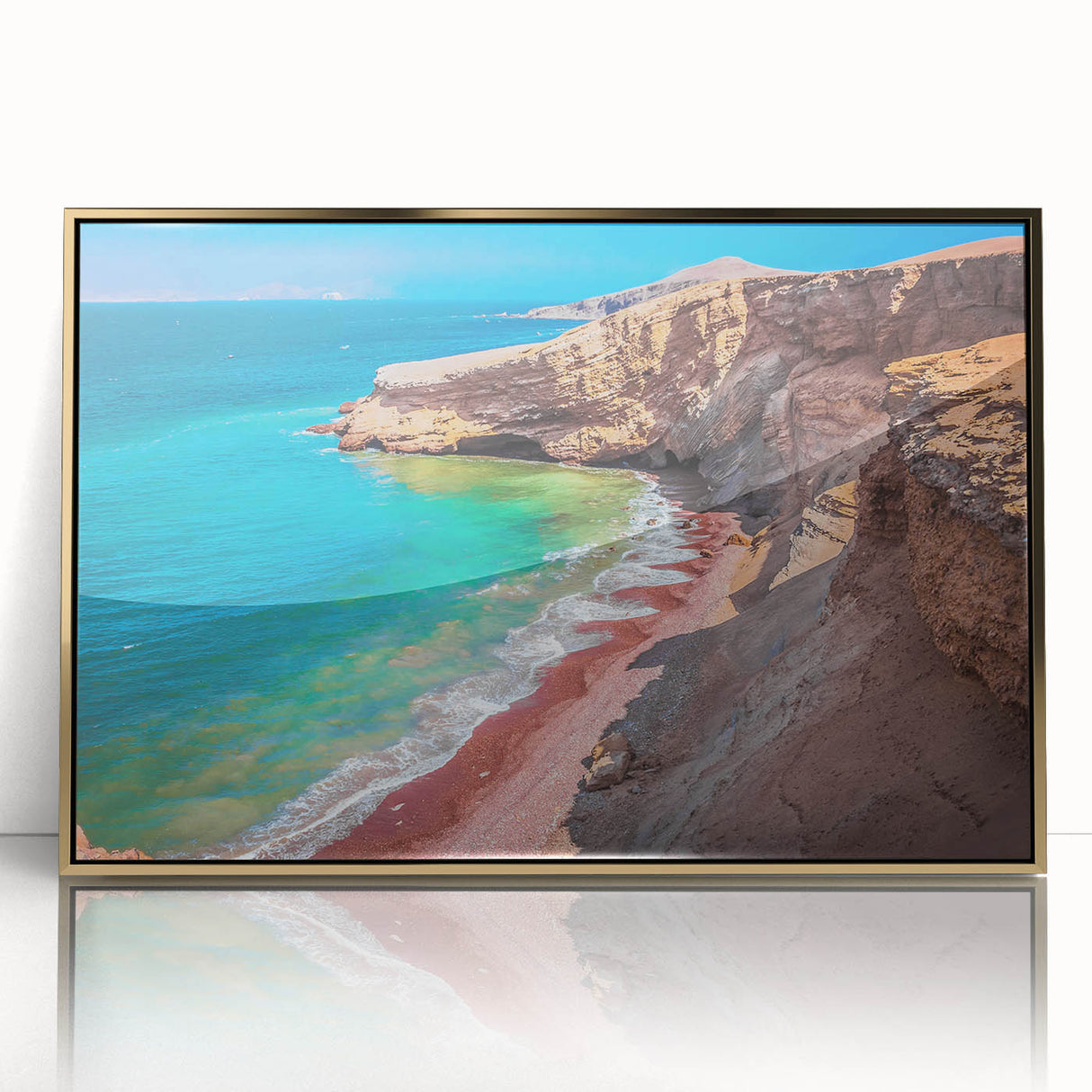 Large art print of a South American Peruvian landscape in muted earth tones, framed in gold acrylic.