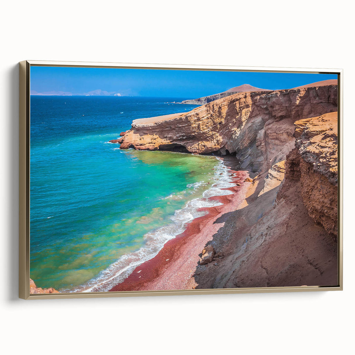 Framed canvas featuring a vintage-style landscape painting of a Peruvian scenery in muted earth tones.