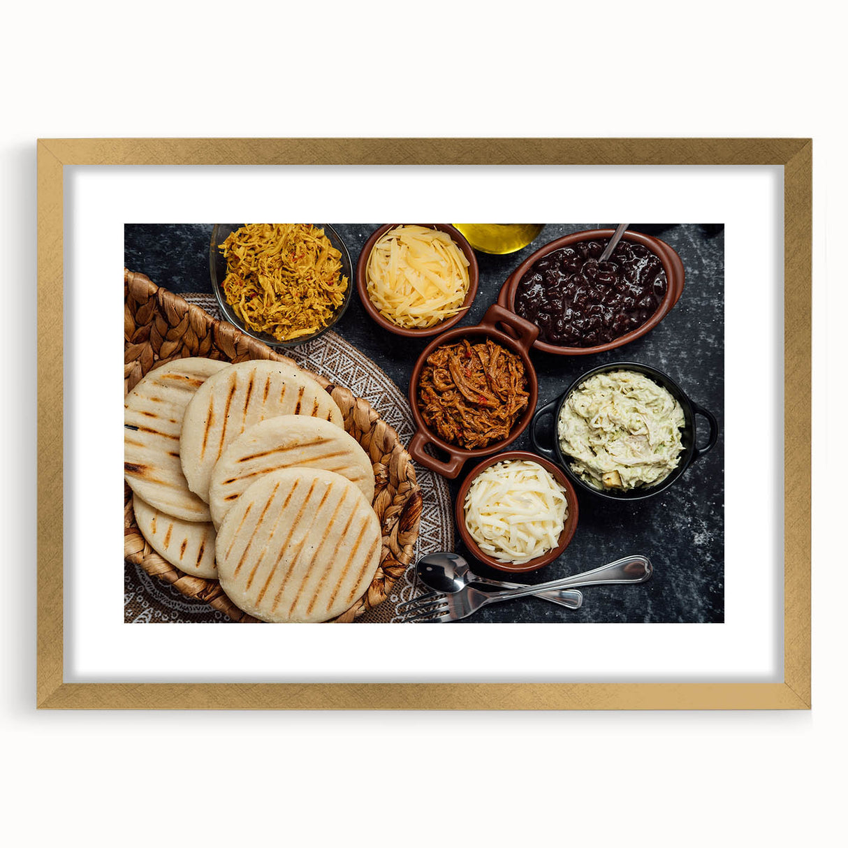 Extra large abstract art print depicting a textured Venezuelan landscape in muted earth tones, framed in gold.