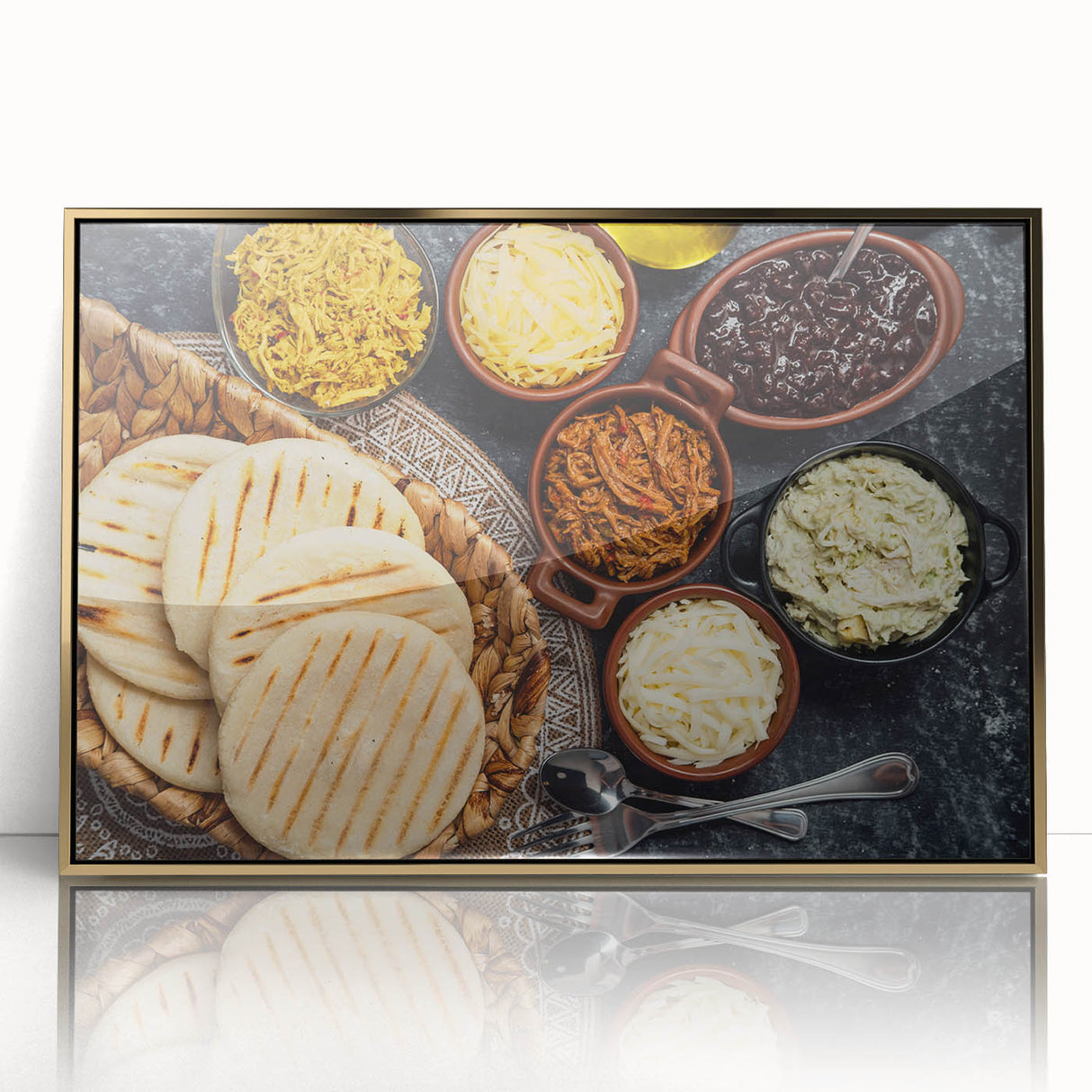 Framed acrylic print of a Venezuelan landscape in gold, ideal for modern art wall decor.