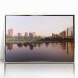 Mid-century modernist art depicting Alabama scenery in muted earth tones on a silver-framed acrylic print.