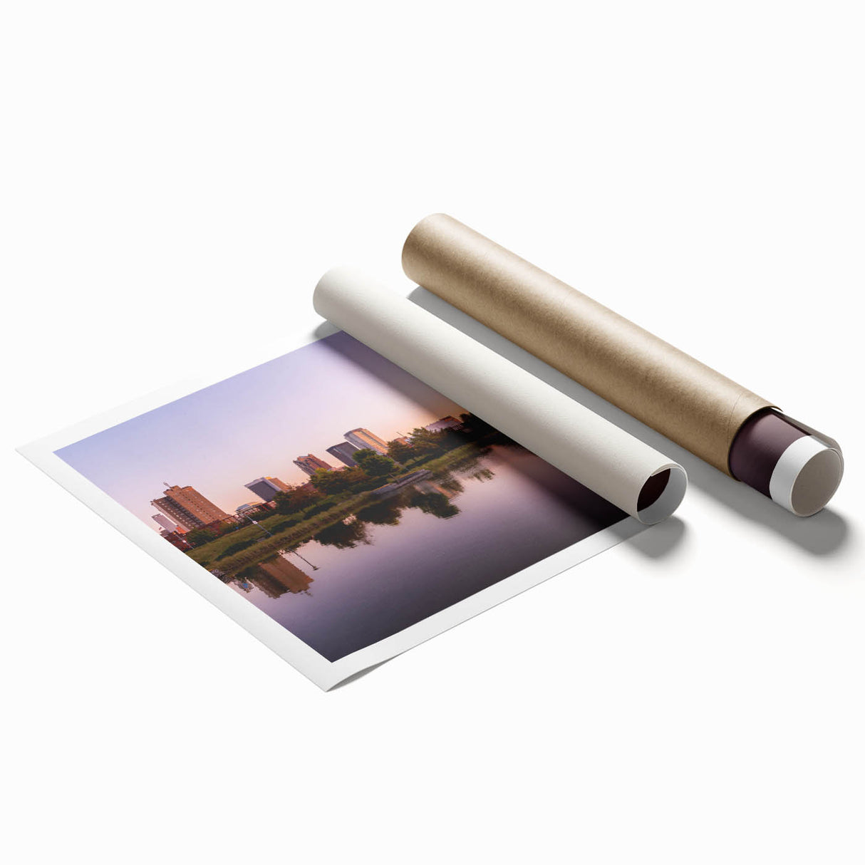 Extra large rolled print of a serene Alabama landscape with soft floral elements, in muted green and blue tones.