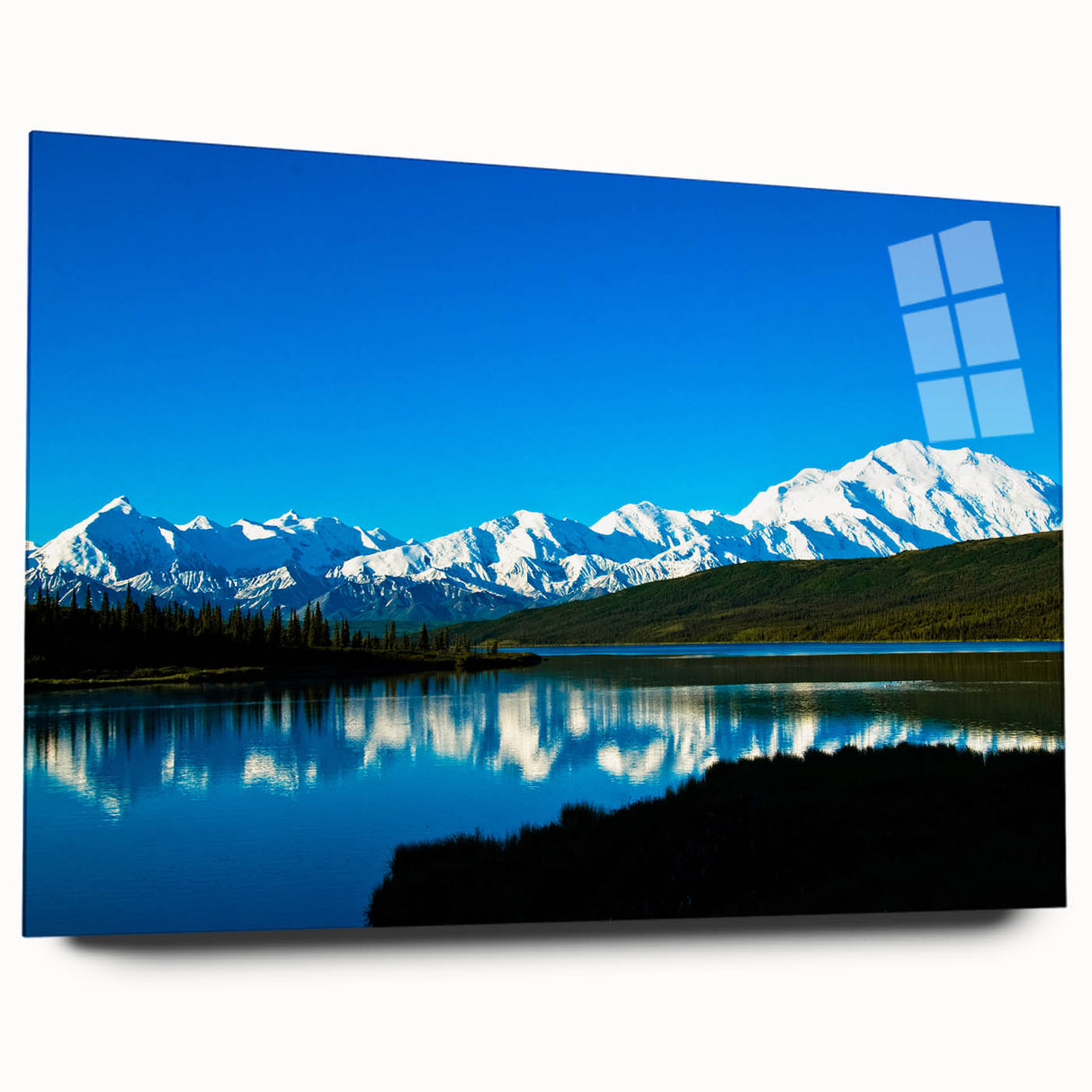 Large abstract depiction of Denali, Alaska in muted earth tones on acrylic glass, suitable for bedroom or dining room decor.
