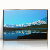 Large art print of Denali, Alaska scenery in mid-century modernist style on framed acrylic, featuring muted earth tones.