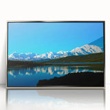 Mid-century modernist art depicting Denali, Alaska in muted earth tones on a framed acrylic.