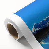 Art Deco style poster of Denali, Alaska scenery on rolled canvas, featuring cool, muted blue tones.