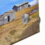 Large abstract wall art depicting an Alaskan landscape on acrylic glass, in muted earth tones, ideal for dining room decor.