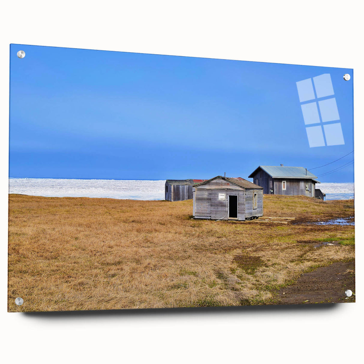 Large abstract wall art depicting an Alaskan landscape on acrylic glass, suitable for bedroom or dining room decor.