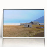 Acrylic print of a serene Alaska landscape in muted blue and white tones, ideal for modern nursery wall art.