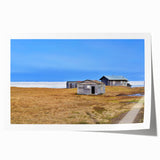 Alaskan landscape with vivid blue and green tones on a large rolled canvas, suitable for dining room wall art.