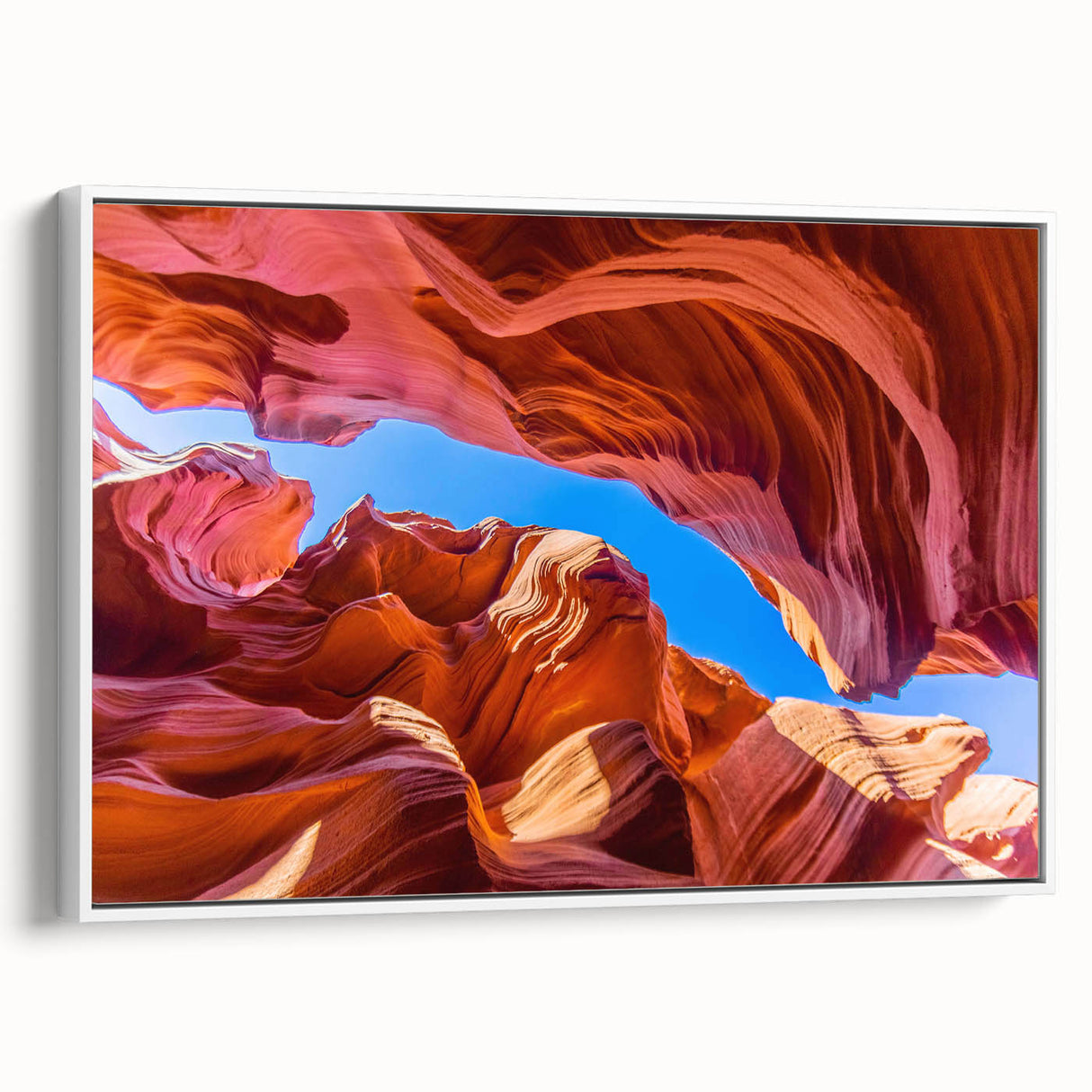 Vintage poster art of Antelope Canyon in Arizona on a framed canvas, featuring earthy red and orange tones.