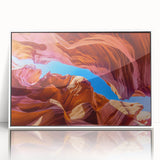 Art deco poster of Arizona Antelope Canyon in rich earth tones on a white framed acrylic, ideal for modern art wall decor.