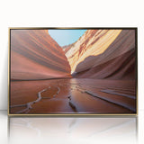 Mid-century modernist landscape of Coyote Buttes in Arizona on large framed acrylic, featuring earth tones.