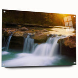 Large abstract wall art of Arkansas scenery in muted green and blue tones on acrylic glass.