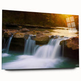 Large abstract wall art of Arkansas scenery in muted earth tones on acrylic glass, ideal for bedroom or dining room decor.